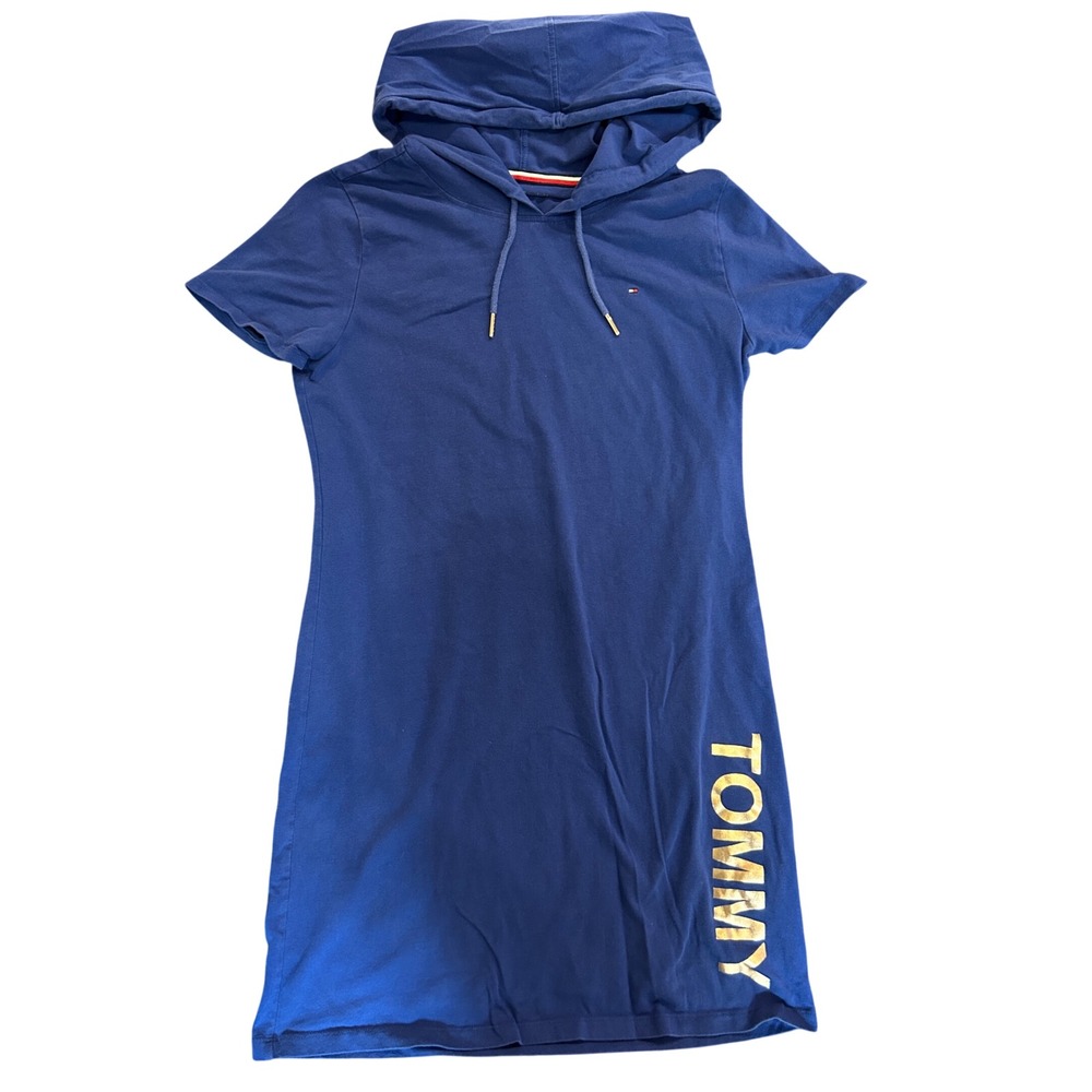 Tommy Hilfiger Womens Blue Short Sleeve Hoodie Dress Gold Logo Graphic Medium